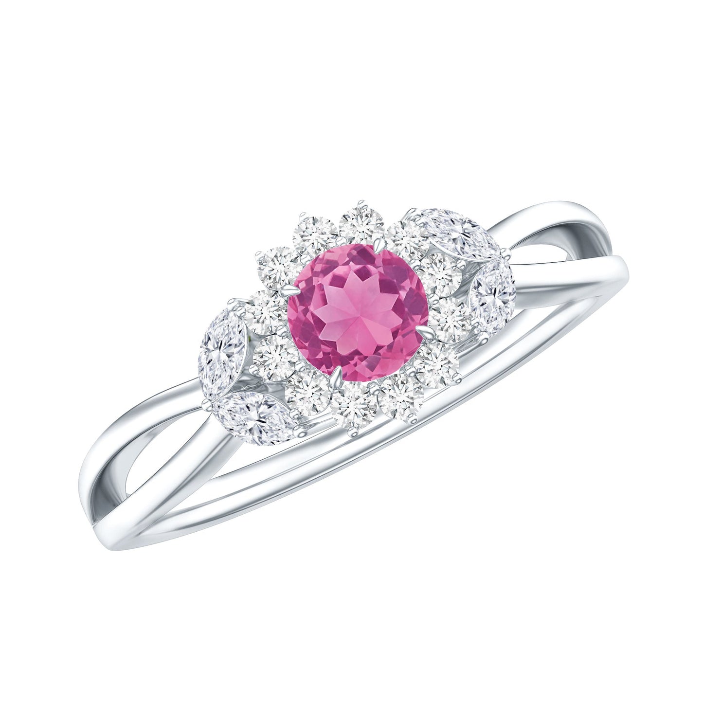 Pink Tourmaline and Diamond Flower Engagement Ring with Split Shank