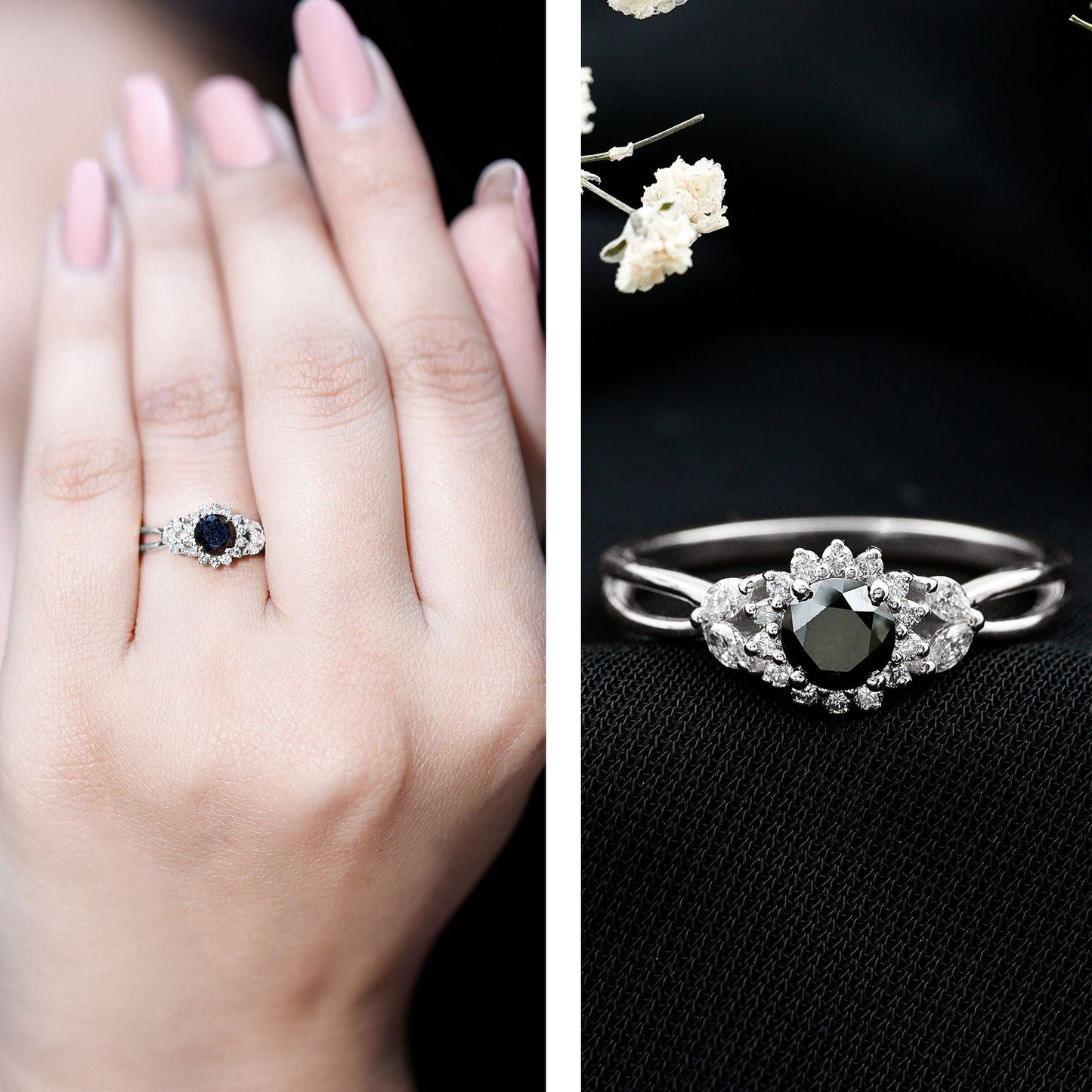 Nature Inspired Black Spinel Flower Engagement Ring with Diamond