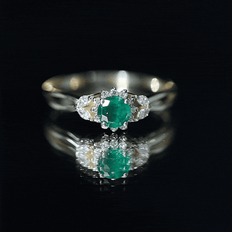 Real Emerald and Diamond Flower Engagement Ring with Split Shank