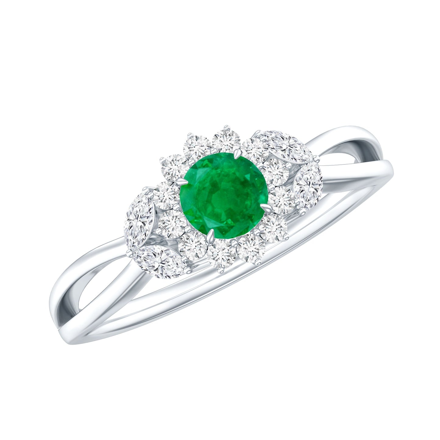 Real Emerald and Diamond Flower Engagement Ring with Split Shank