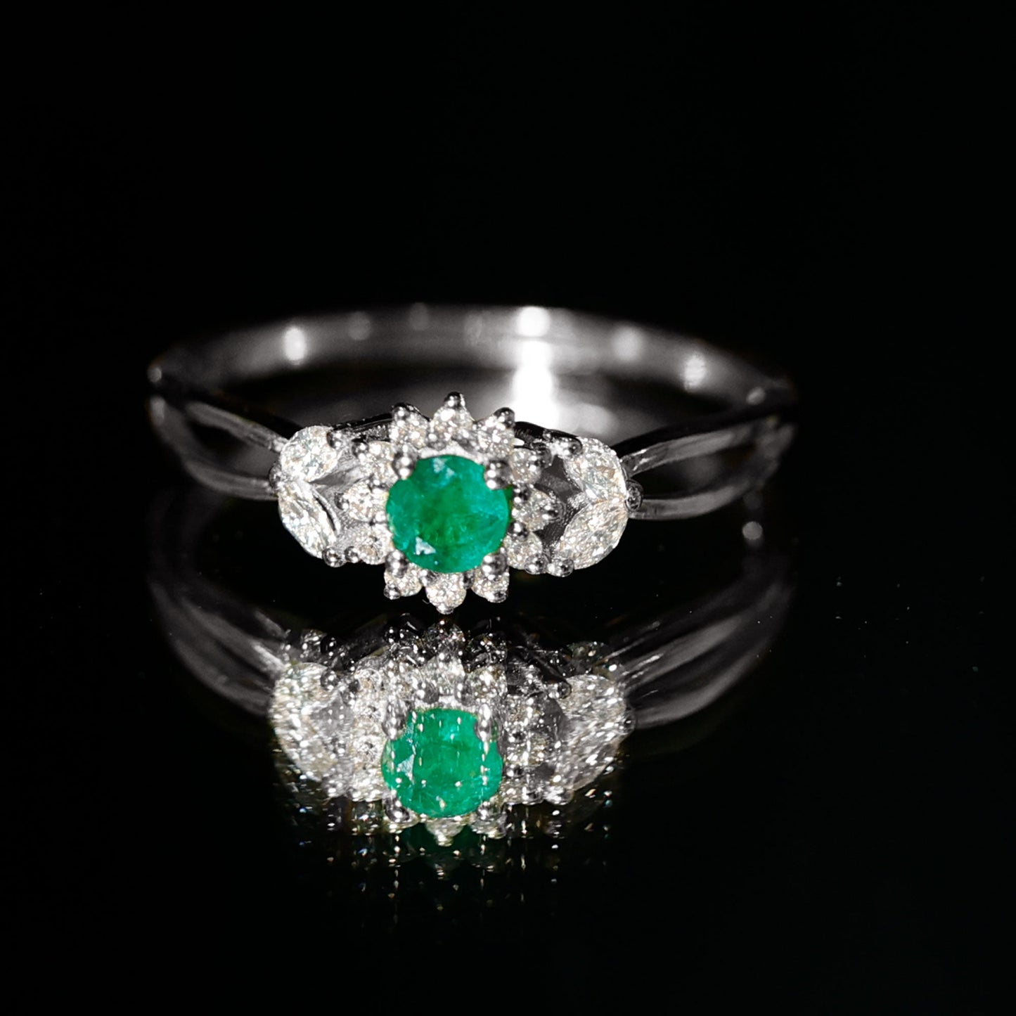 Real Emerald and Diamond Flower Engagement Ring with Split Shank