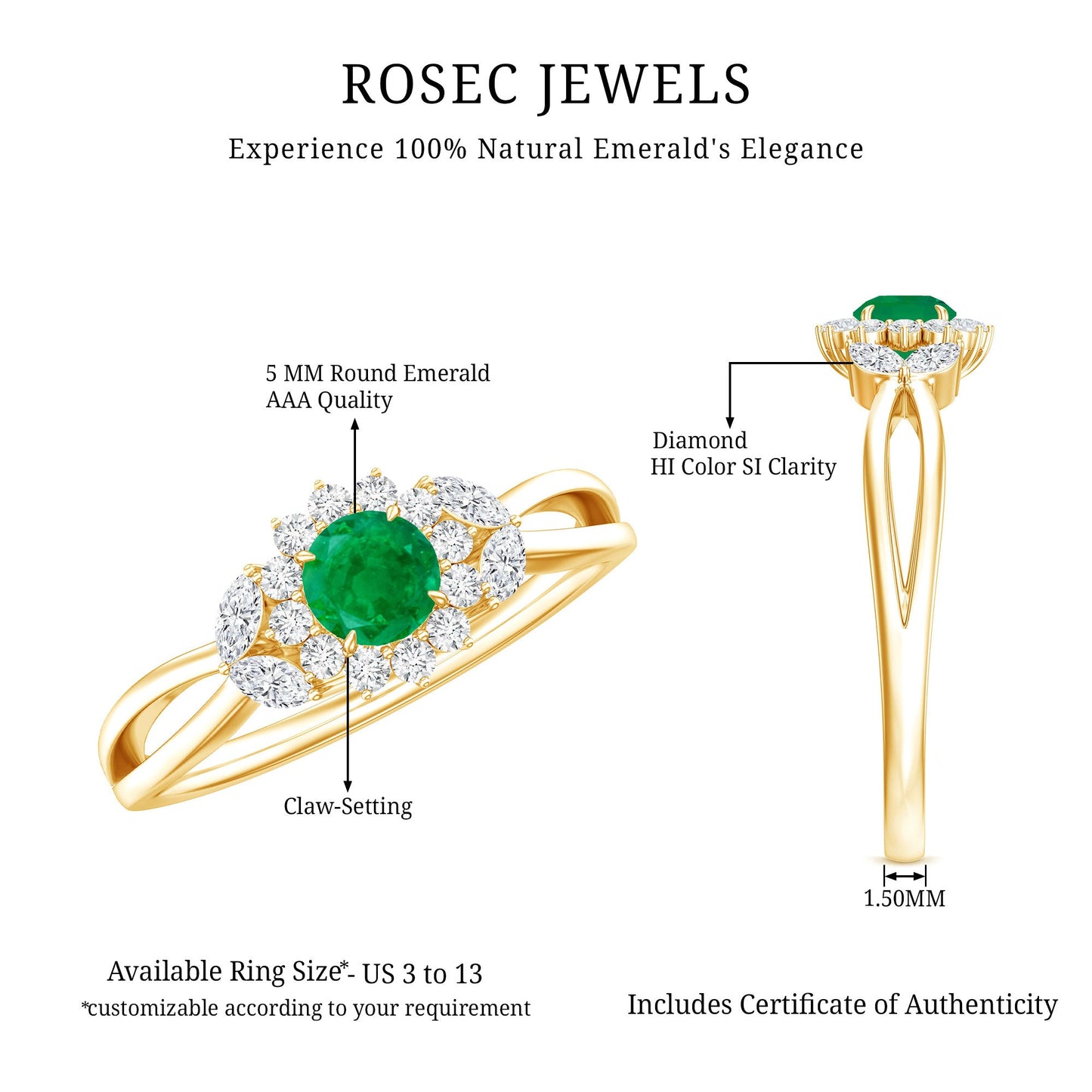 Real Emerald and Diamond Flower Engagement Ring with Split Shank