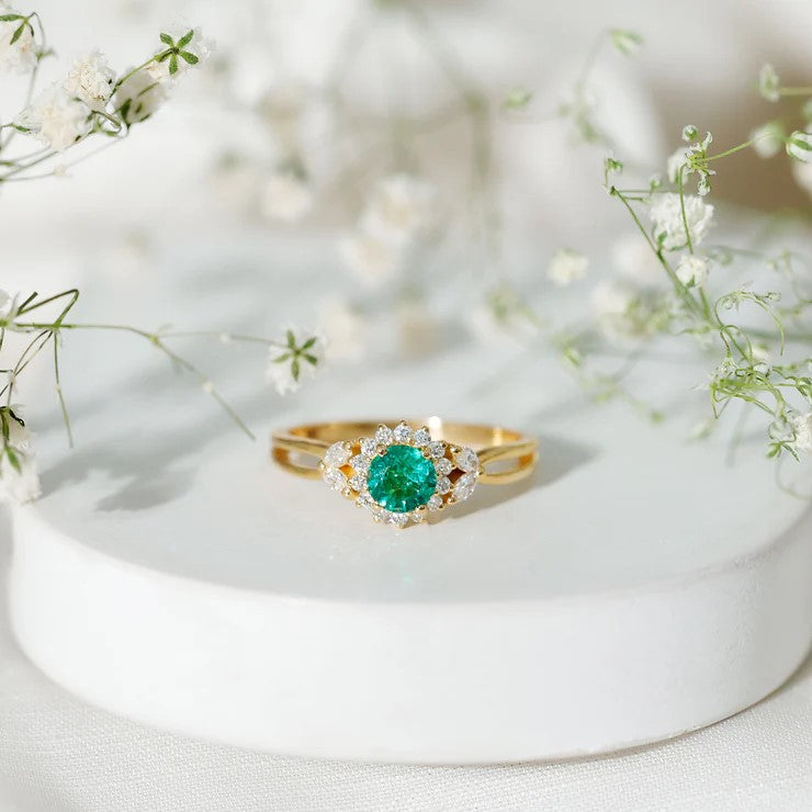 Real Emerald and Diamond Flower Engagement Ring with Split Shank