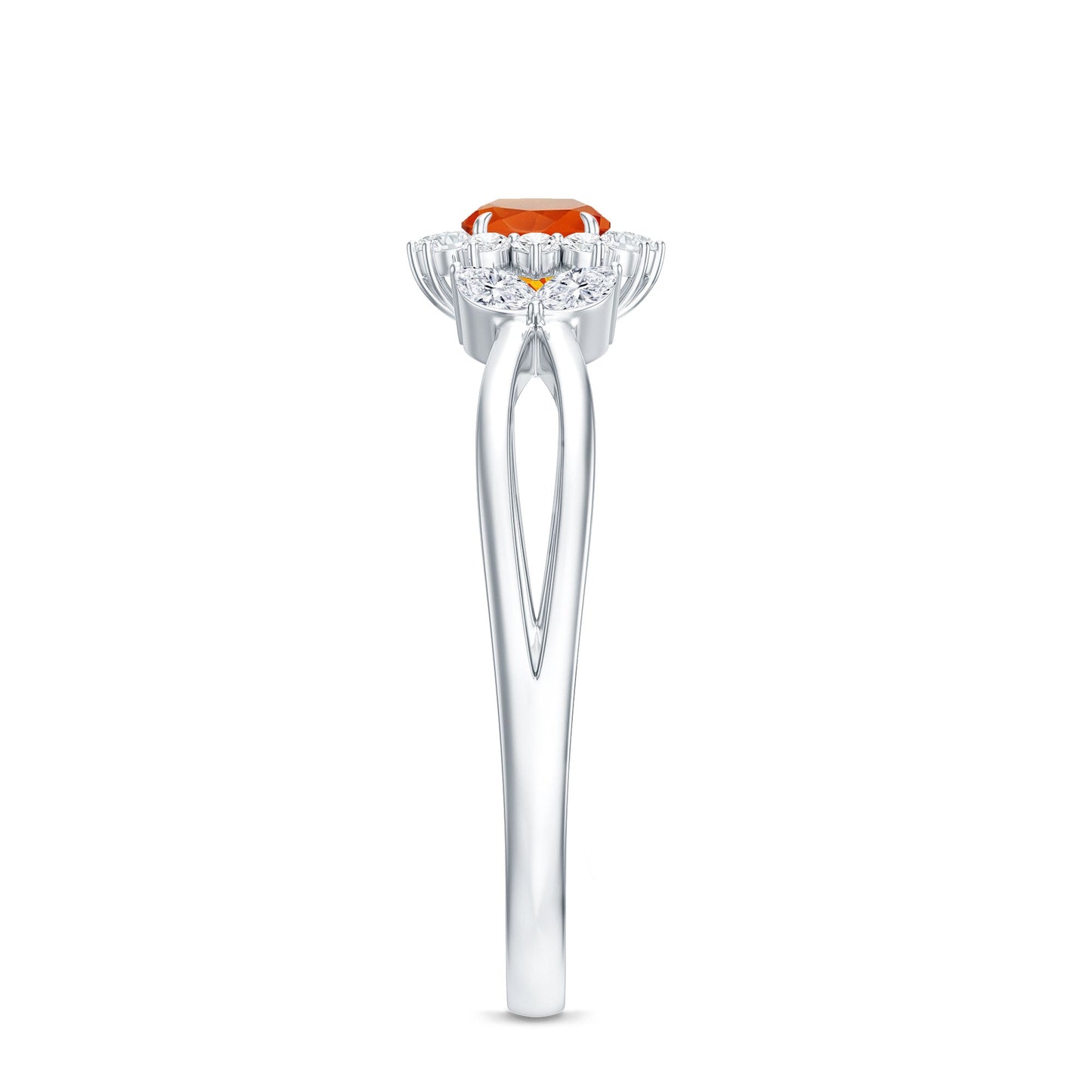 Fire Opal and Diamond Flower Engagement Ring with Split Shank