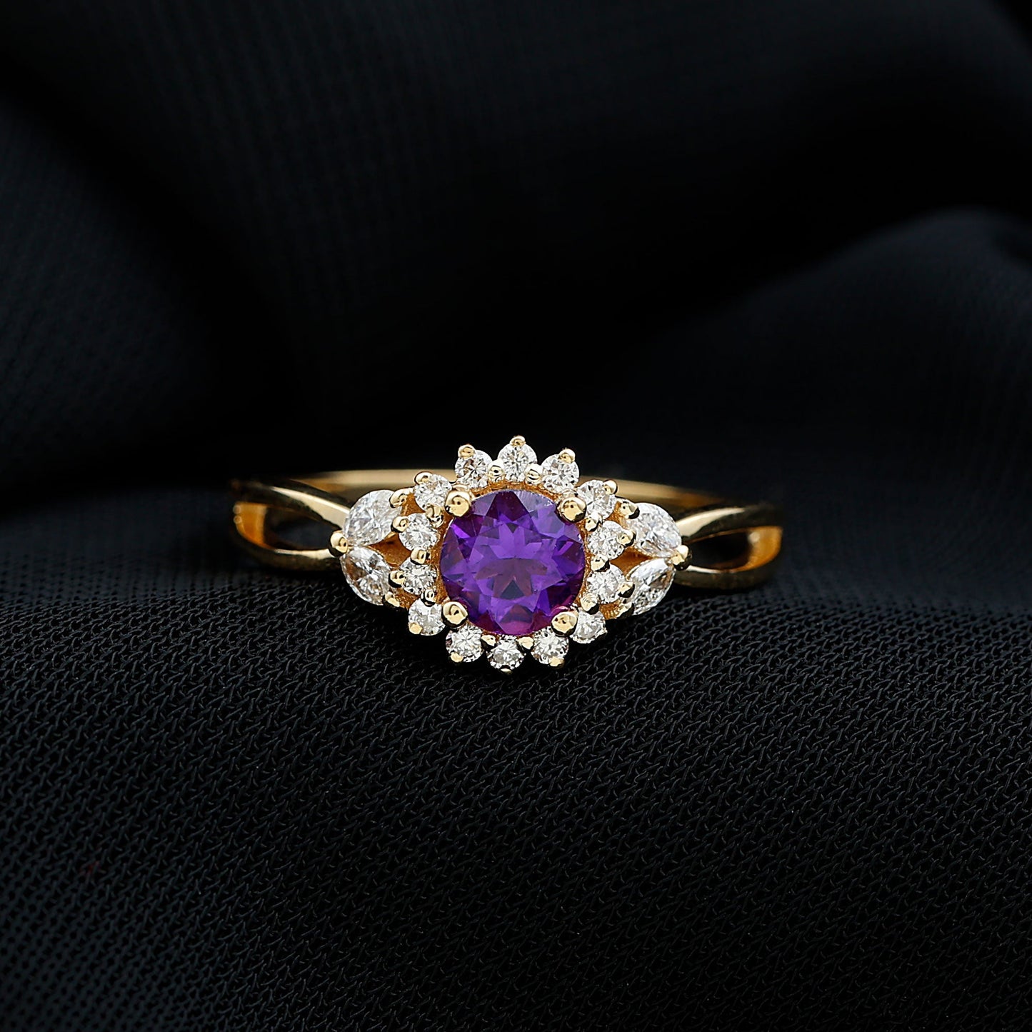 Split Shank Amethyst Flower Engagement Ring with Diamond