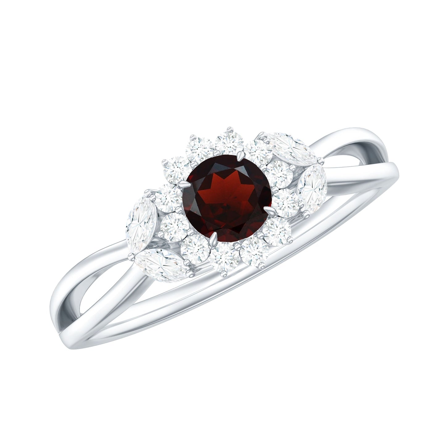 Natural Garnet Diamond Flower Engagement Ring with Split Shank