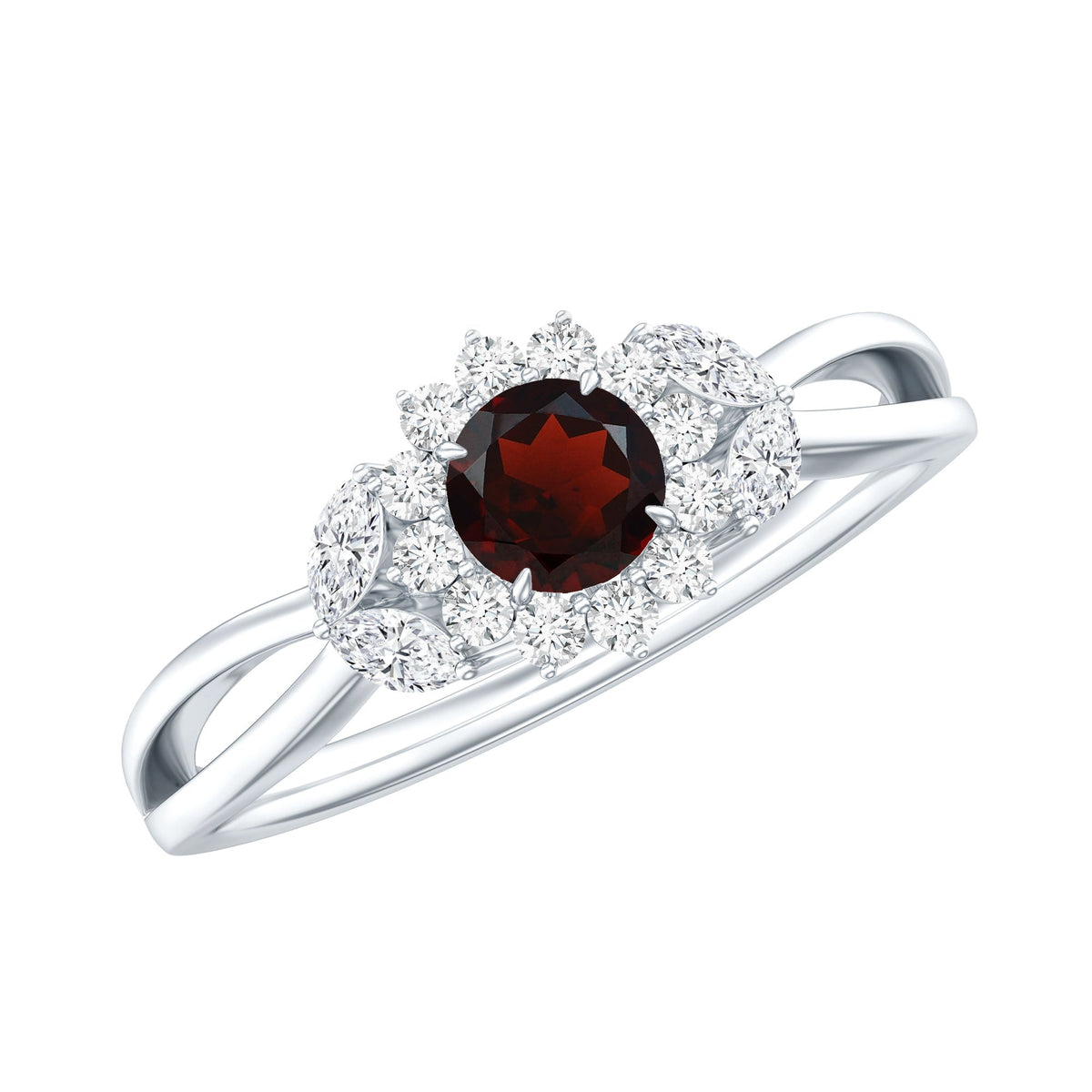 Natural Garnet Diamond Flower Engagement Ring with Split Shank