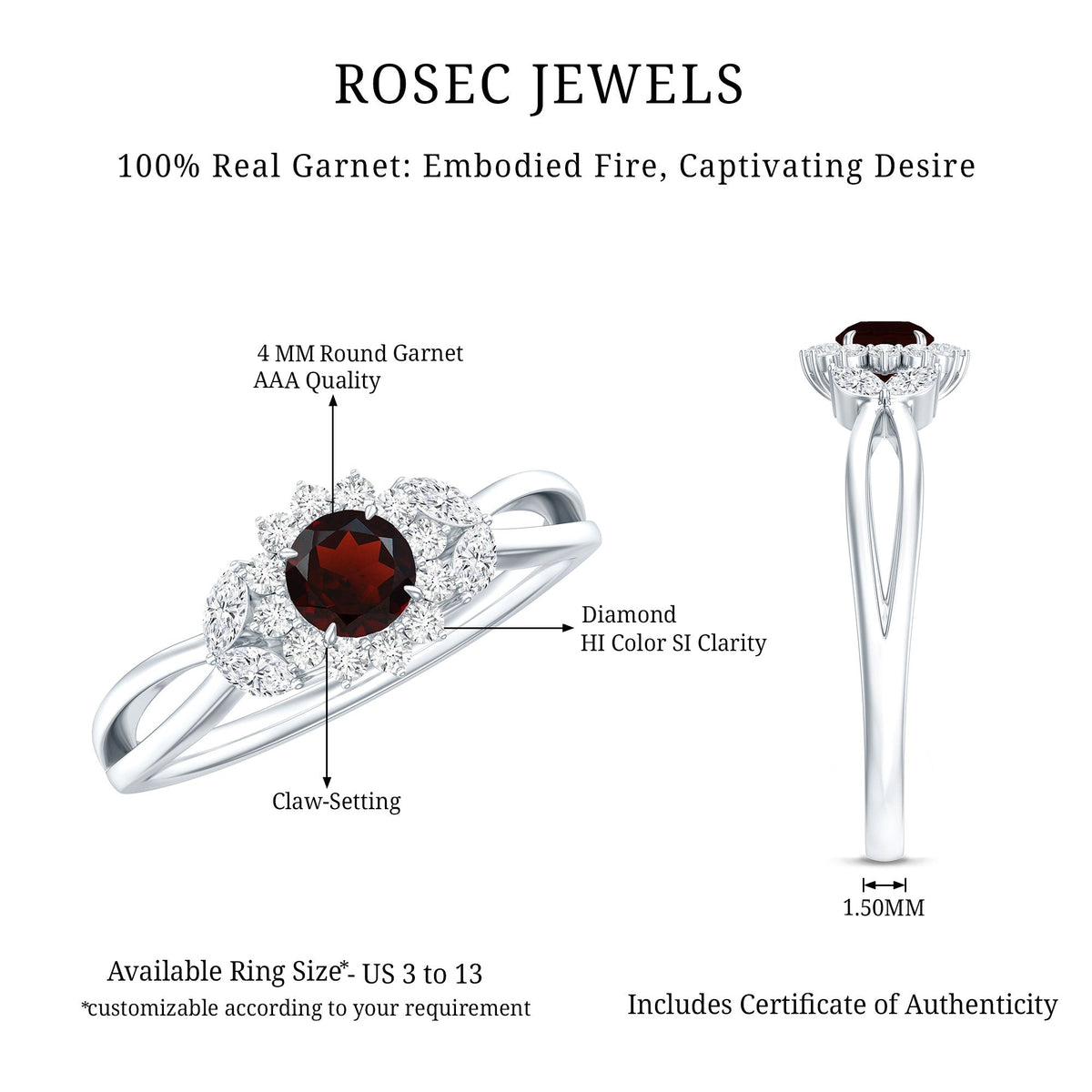 Natural Garnet Diamond Flower Engagement Ring with Split Shank