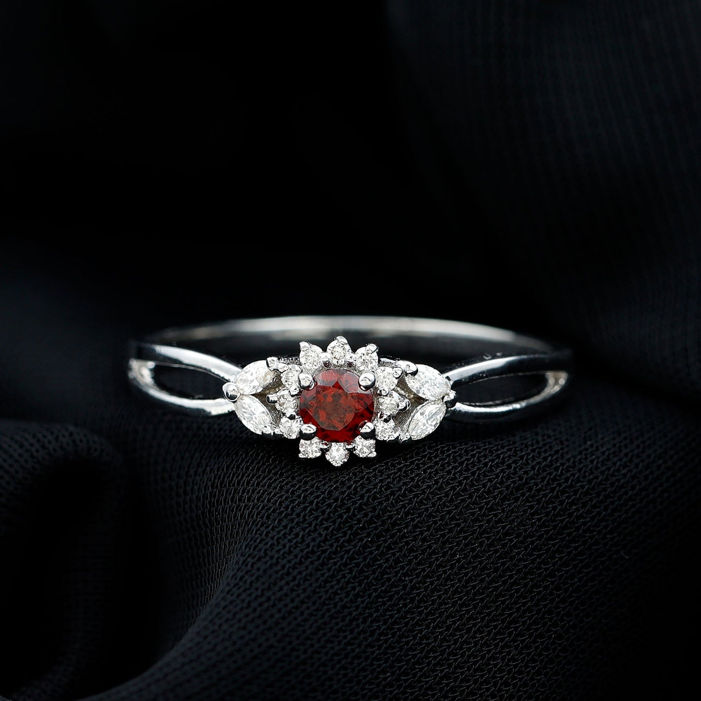 Natural Garnet Diamond Flower Engagement Ring with Split Shank
