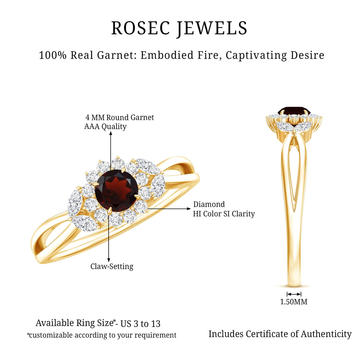 Natural Garnet Diamond Flower Engagement Ring with Split Shank