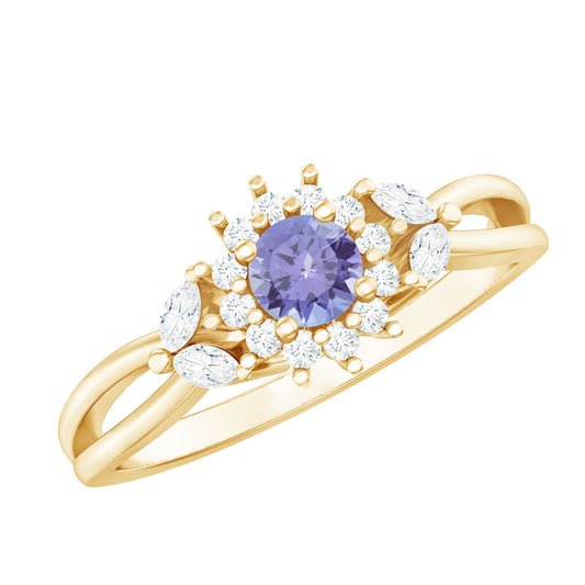 Genuine Tanzanite and Diamond Nature Engagement Ring with Split Shank