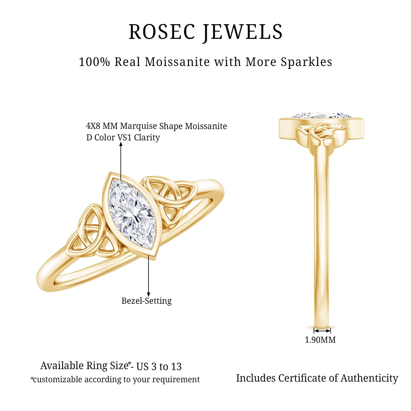 Marquise Cut Moissanite Solitaire Celtic Knot Ring in Bezel Setting