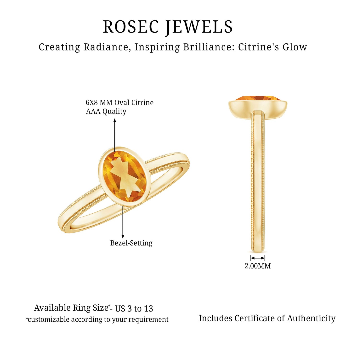 Natural 1 Carat Citrine Oval Engagement Ring in Bezel Setting