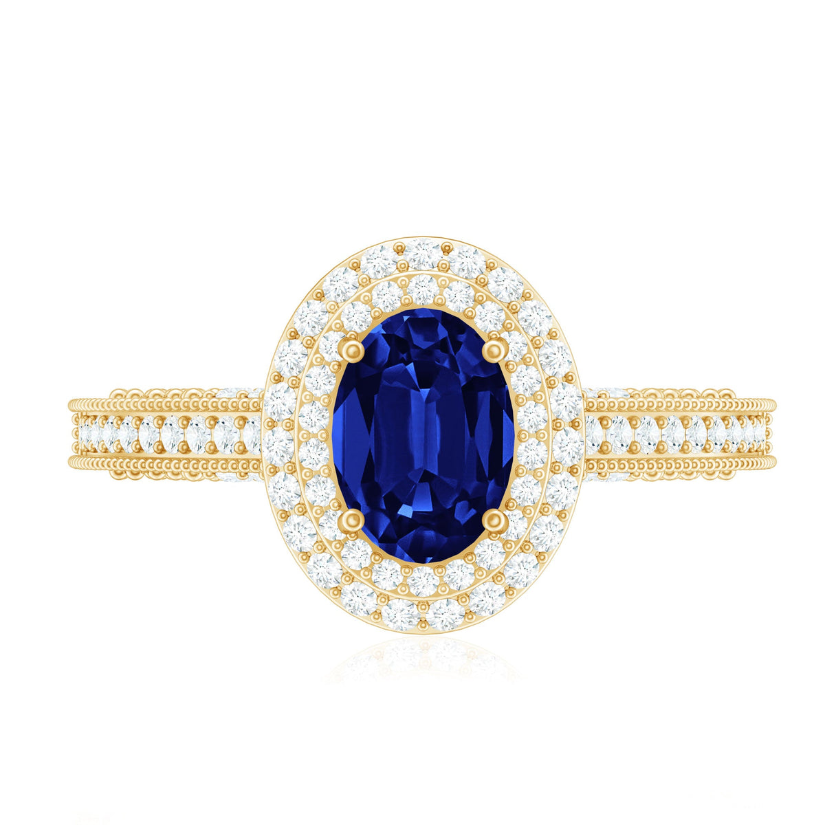 1 Carat Oval Lab Grown Blue Sapphire Diamond Vintage Engagement Ring with Double Halo