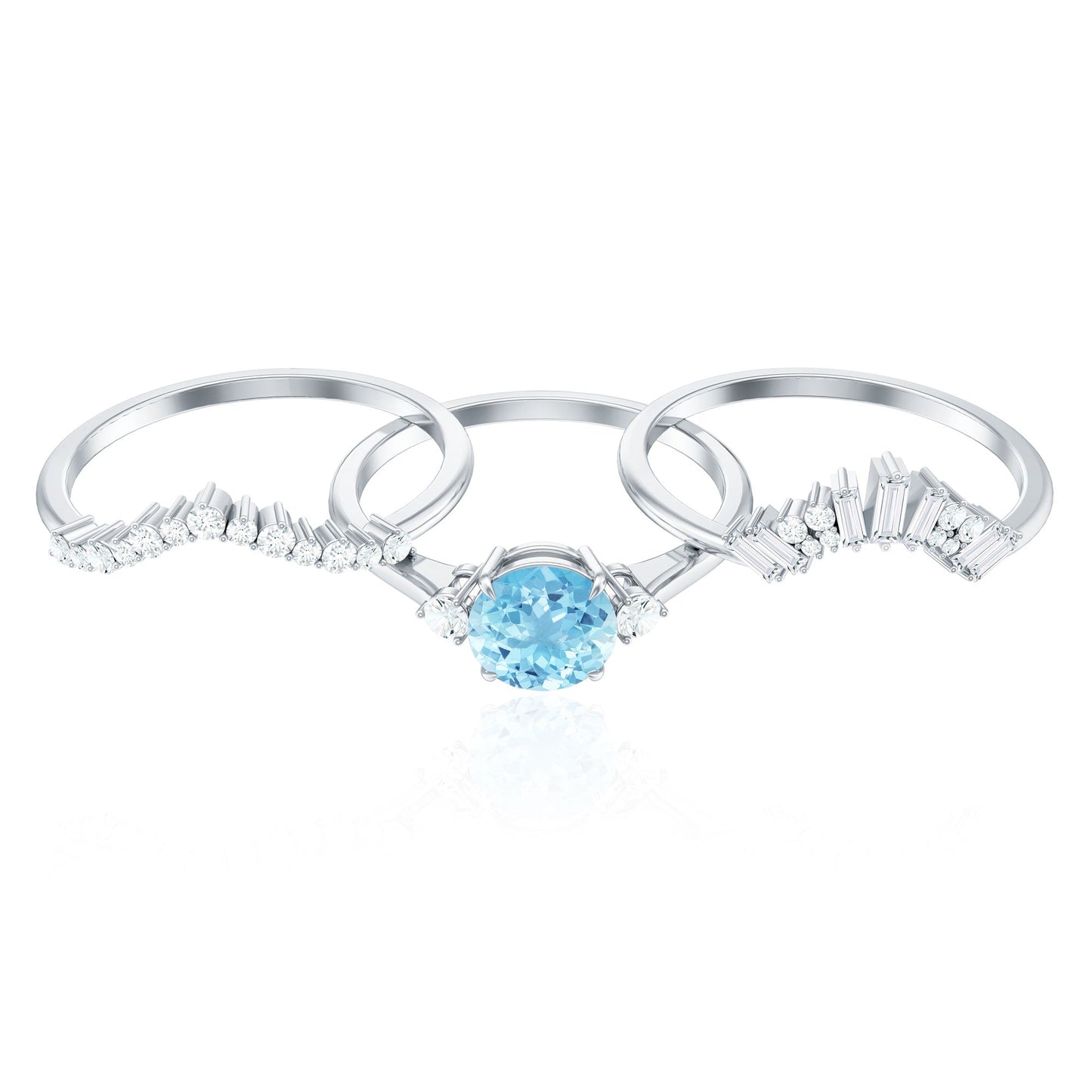 Real Aquamarine Designer Trio Wedding Ring Set with Diamond