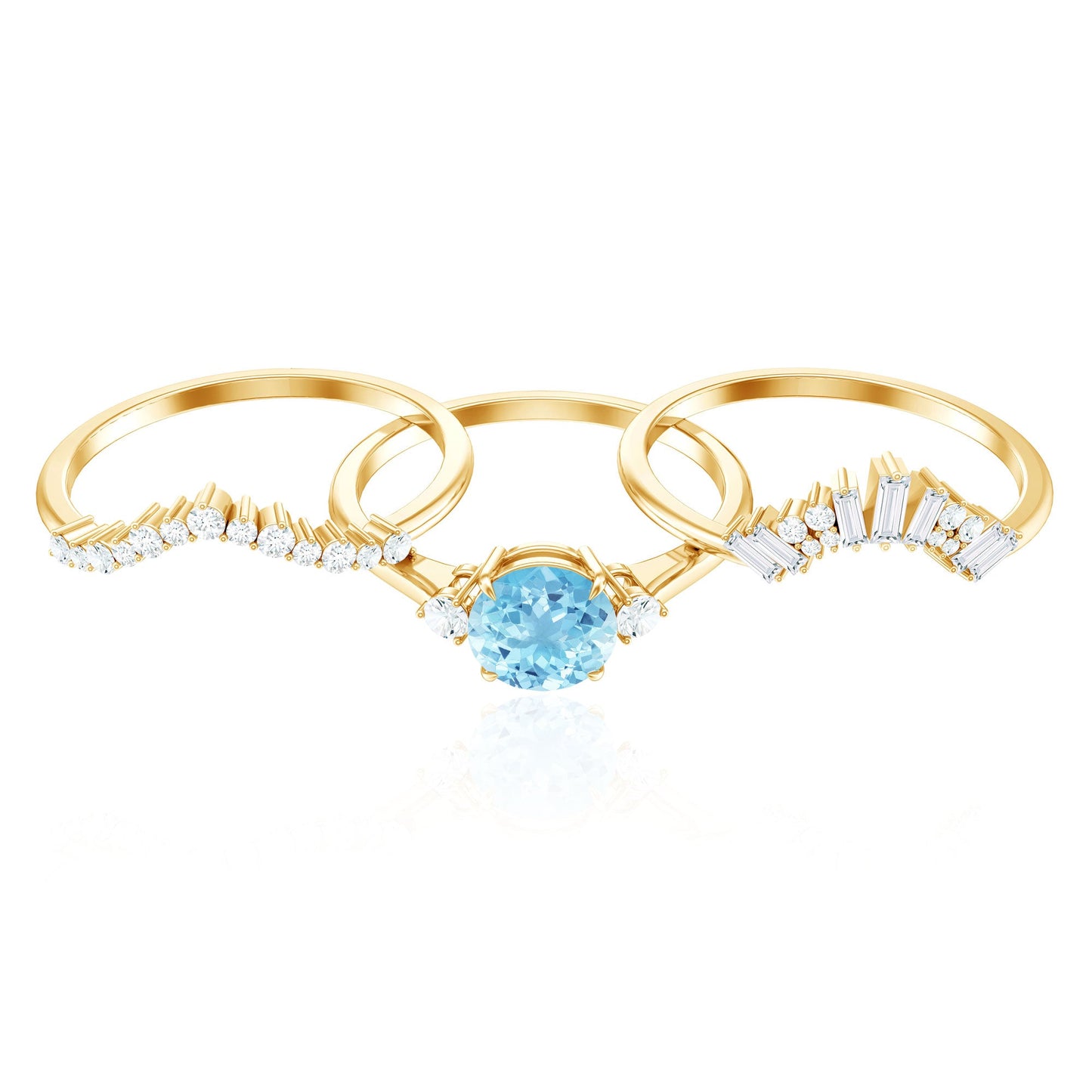 Real Aquamarine Designer Trio Wedding Ring Set with Diamond