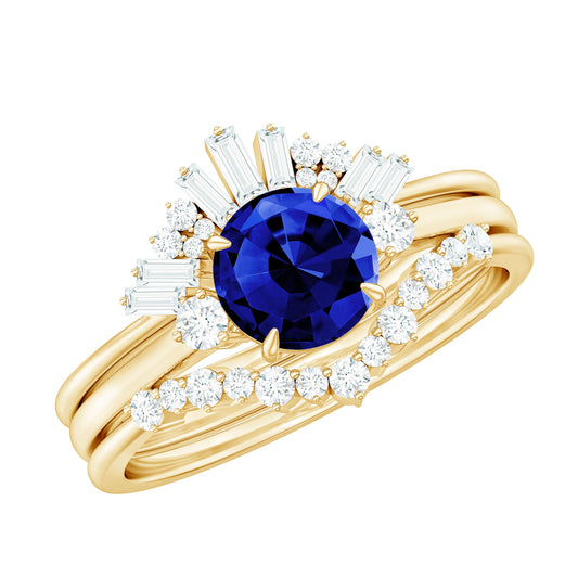 Certified 1 Carat Lab Grown Blue Sapphire 3 Piece Bridal Ring Set with Diamond