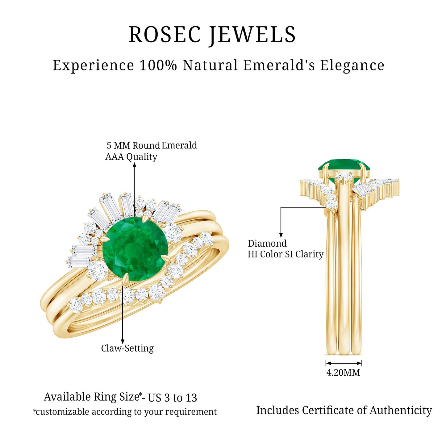 Vintage Inspired 0.4 Carat Emerald Diamond Wedding Bridal Ring Set of 3