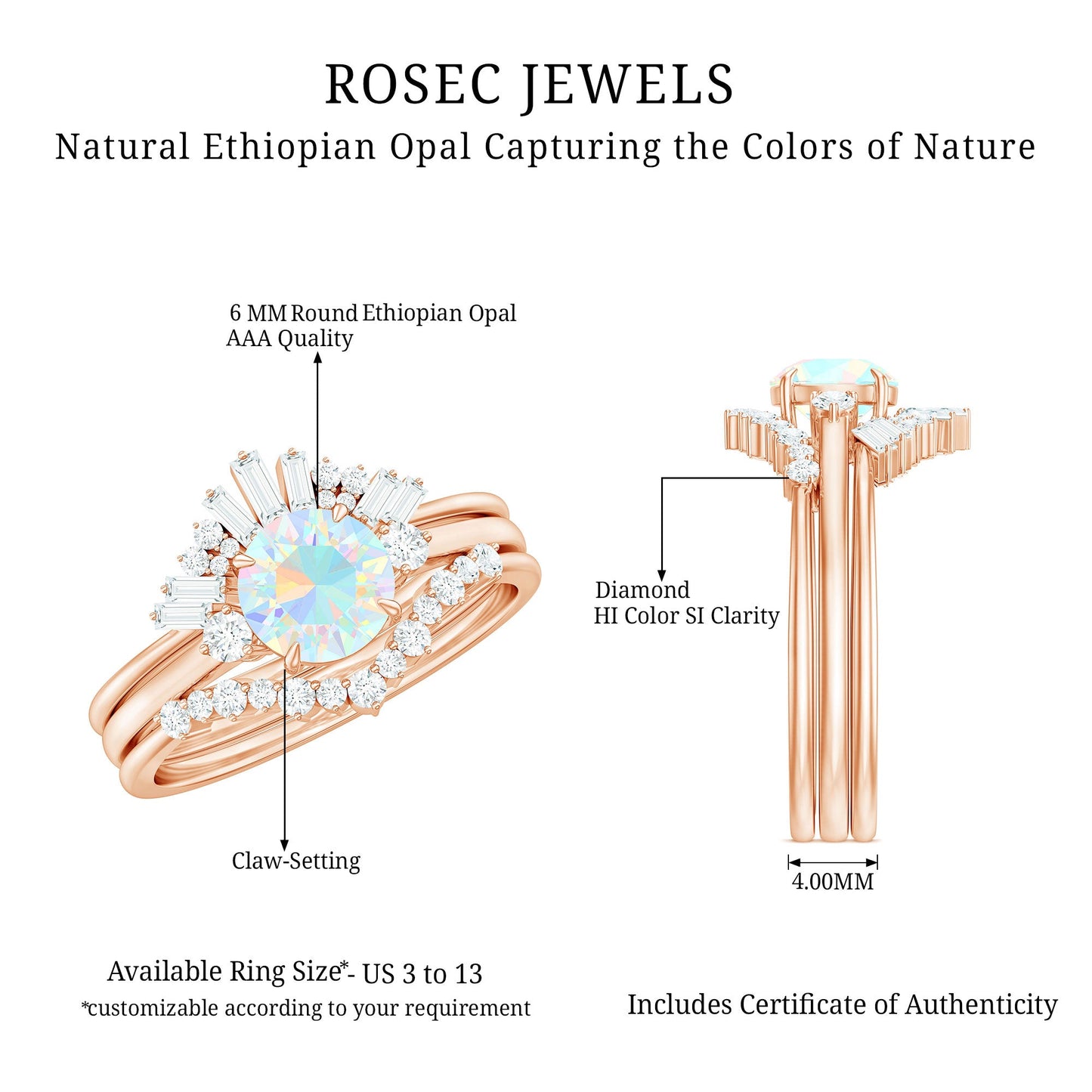 0.8 Carat Natural Ethiopian Rainbow Opal Diamond Wedding Bridal Ring Set of 3