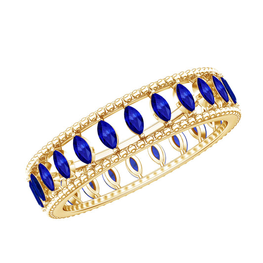 Marquise Cut Created Blue Sapphire Eternity Band with Beaded Detailing