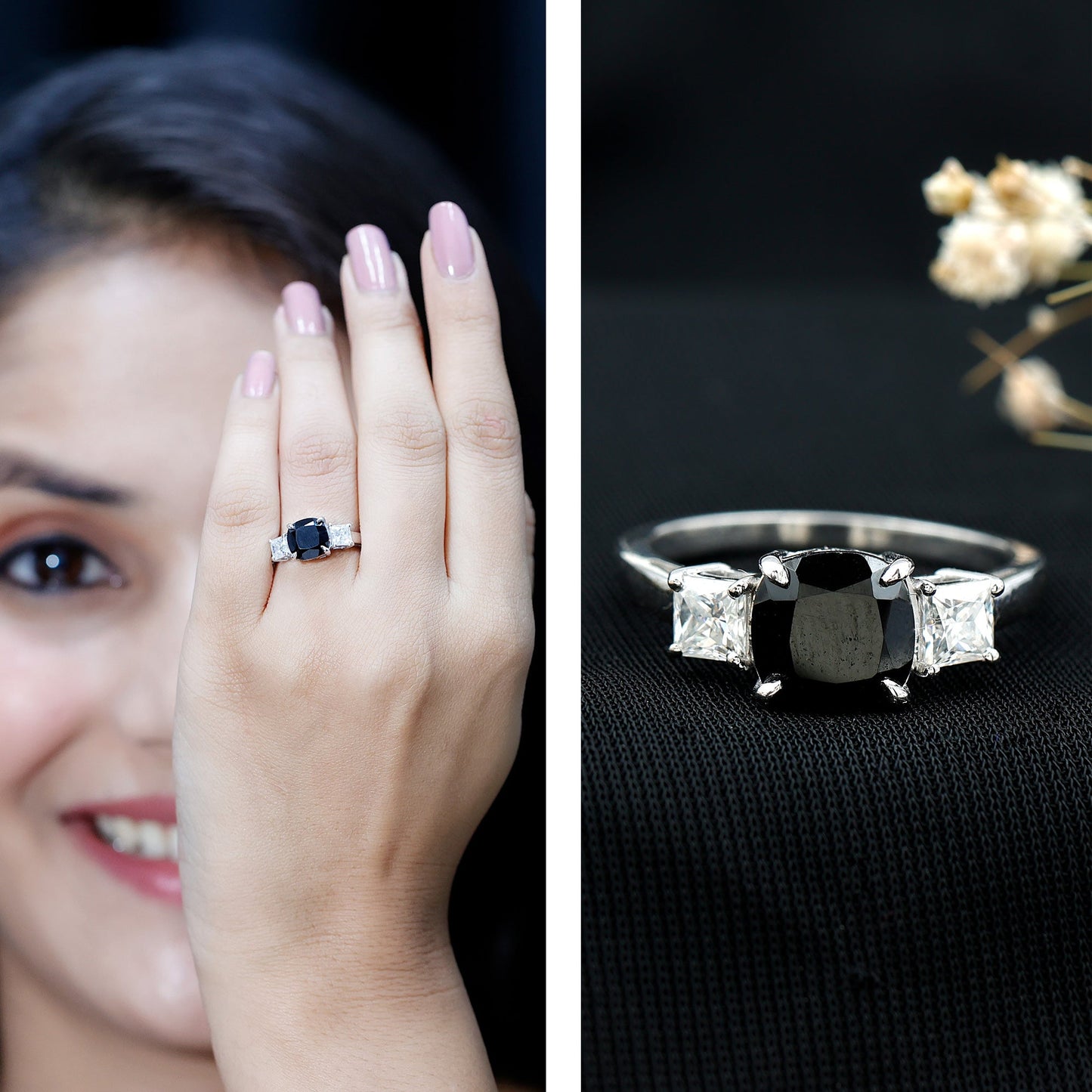 Cushion Cut Black Spinel Solitaire Engagement Ring with Moissanite