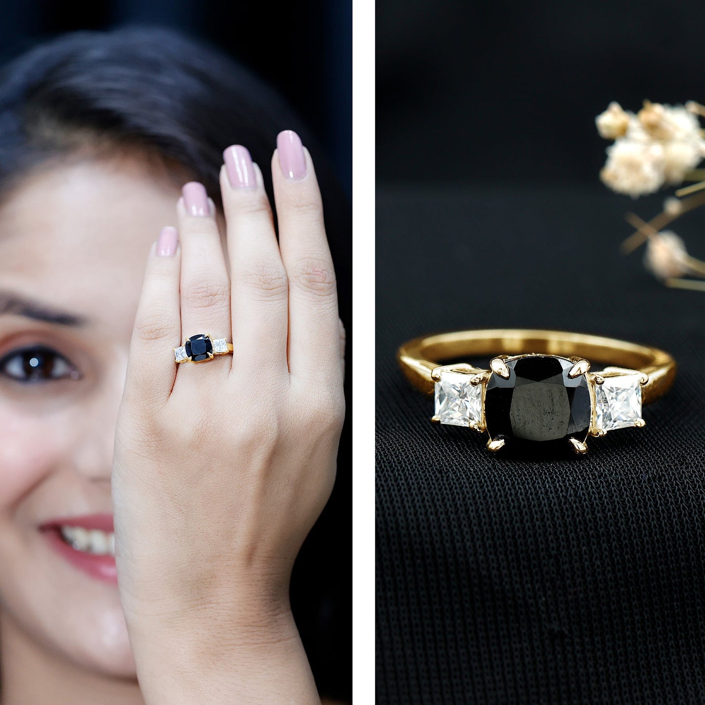 Cushion Cut Black Spinel Solitaire Engagement Ring with Moissanite