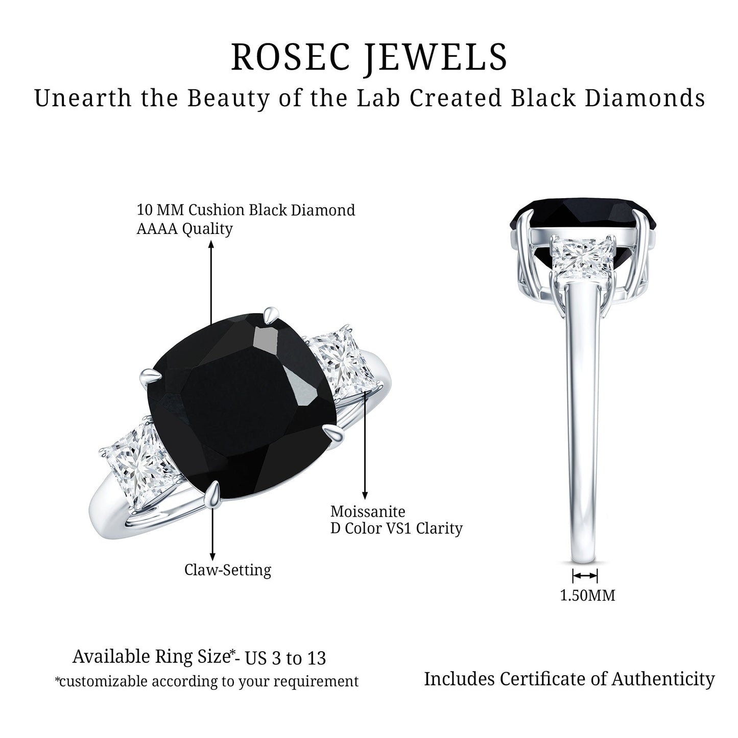 3.8 Carat Cushion Cut Lab Grown Black Diamond Three Engagement Ring with Moissanite