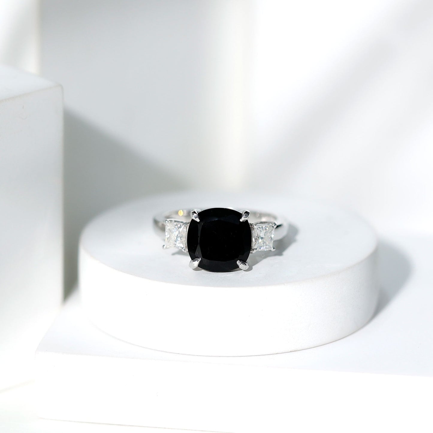 3.8 Carat Cushion Cut Lab Grown Black Diamond Three Engagement Ring with Moissanite