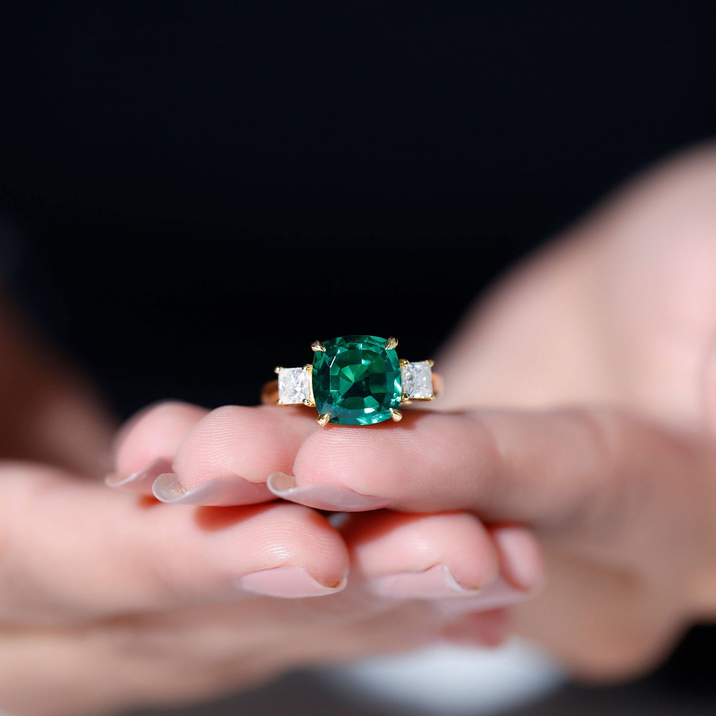 Lab Grown Emerald Cushion Engagement Ring with Moissanite