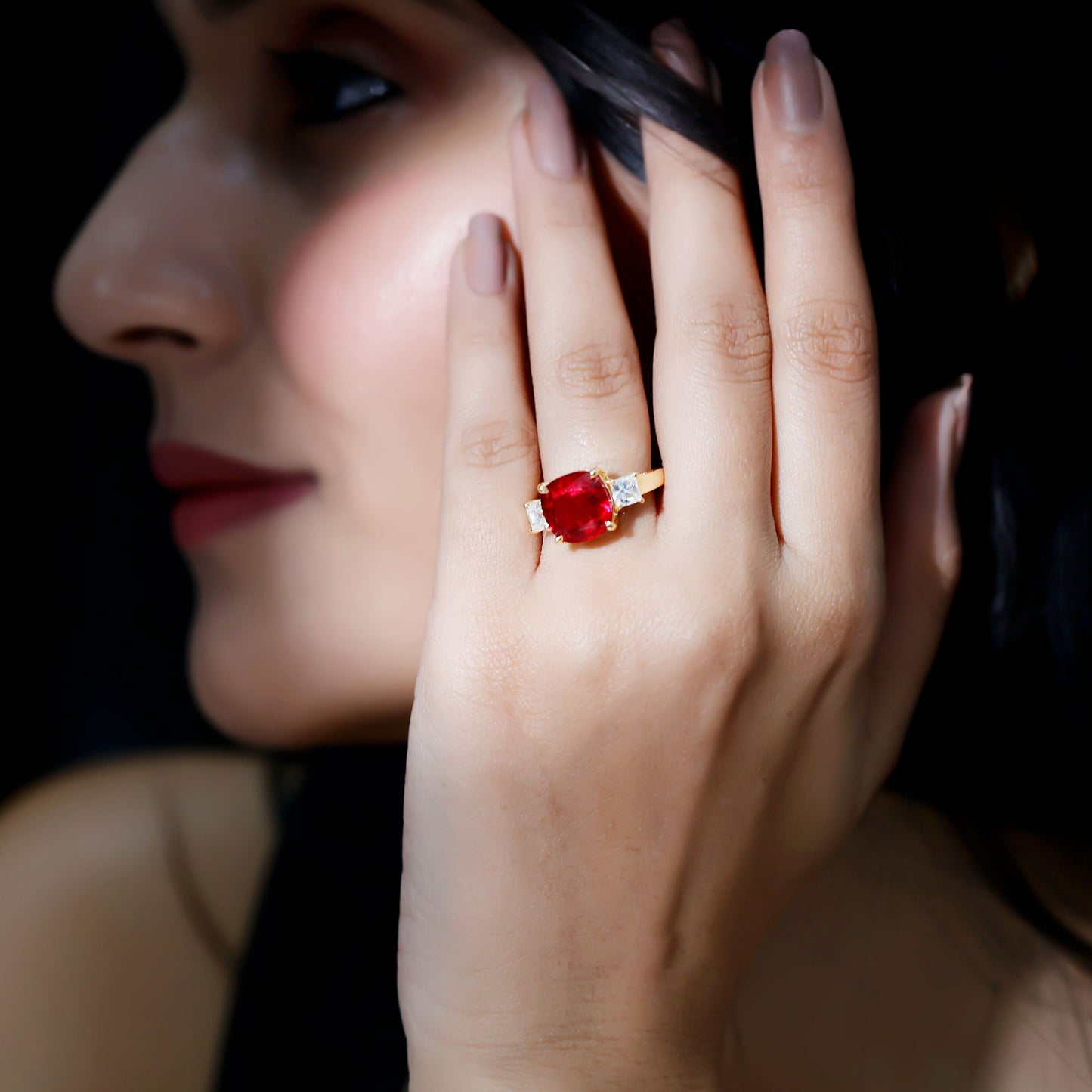 Lab Created Ruby Cushion Engagement Ring with Moissanite
