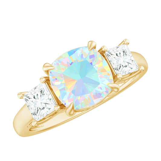 1.8 Carat Genuine Cushion Cut Ethiopian Opal 3 Stone Engagement Ring with Moissanite
