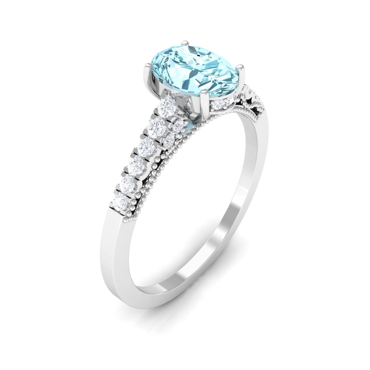 1 Carat Genuine Aquamarine Oval Engagement Ring with Diamond Side Stones