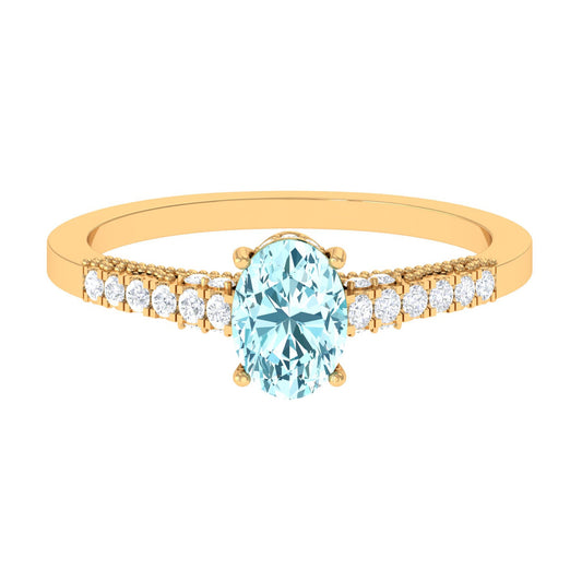 1 Carat Genuine Aquamarine Oval Engagement Ring with Diamond Side Stones