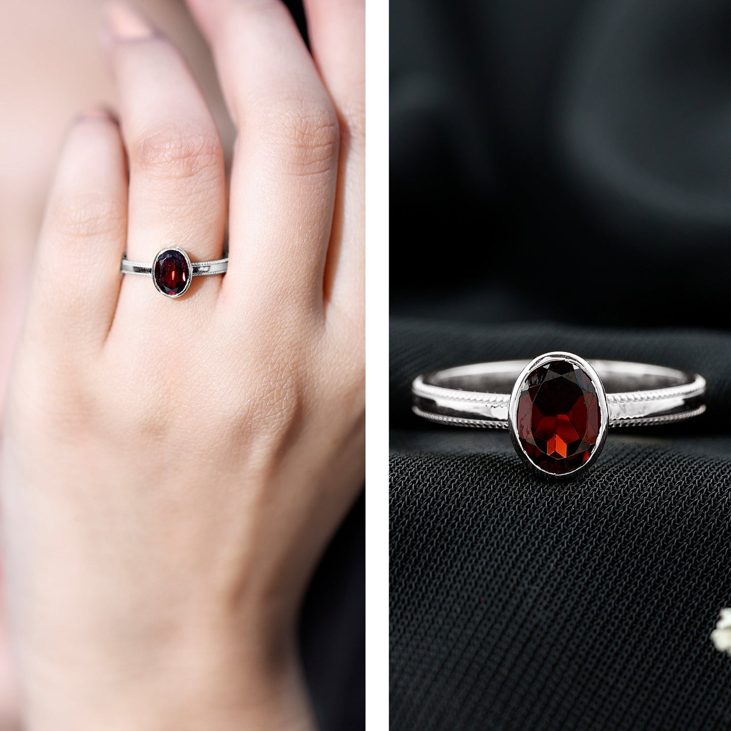 Certified Real Garnet Oval Engagement Ring in Bezel Setting