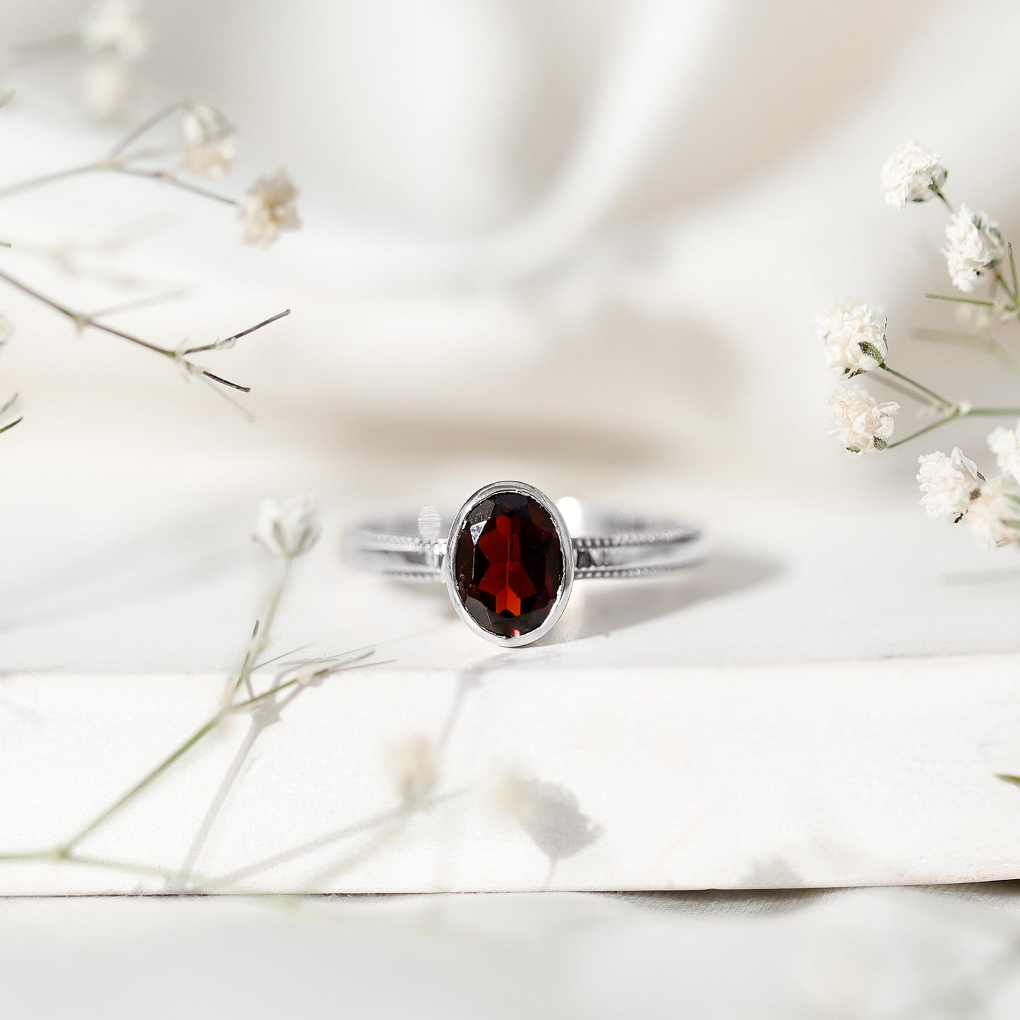 Certified Real Garnet Oval Engagement Ring in Bezel Setting