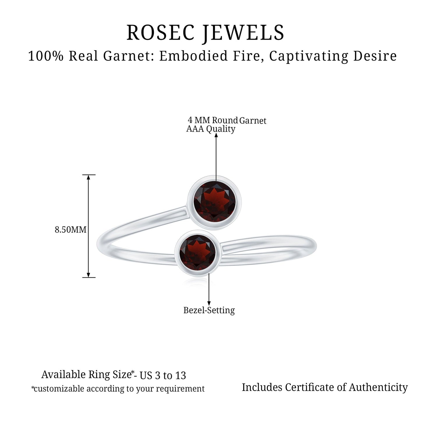 Natural Garnet 2 Stone Promise Ring with Bypass Shank
