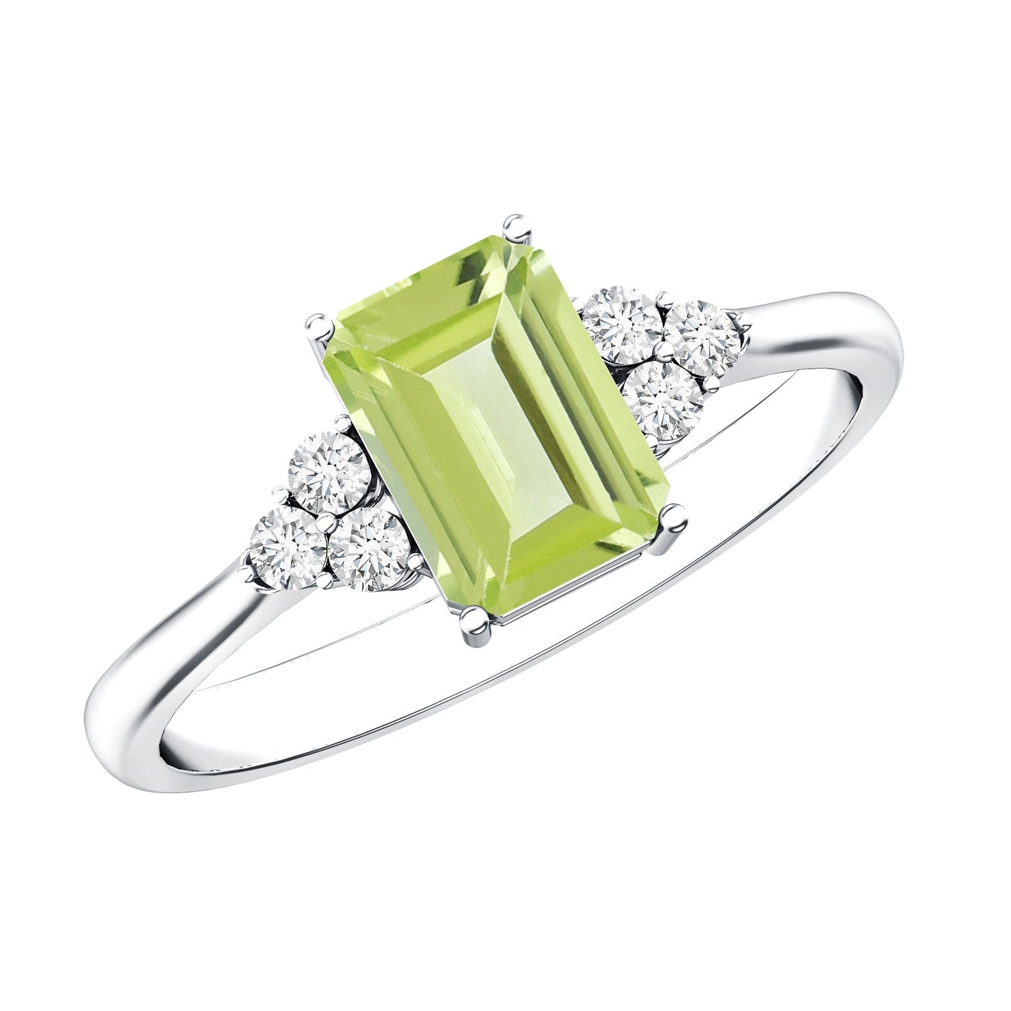 Emerald Cut Peridot Engagement Ring with Diamond Trio