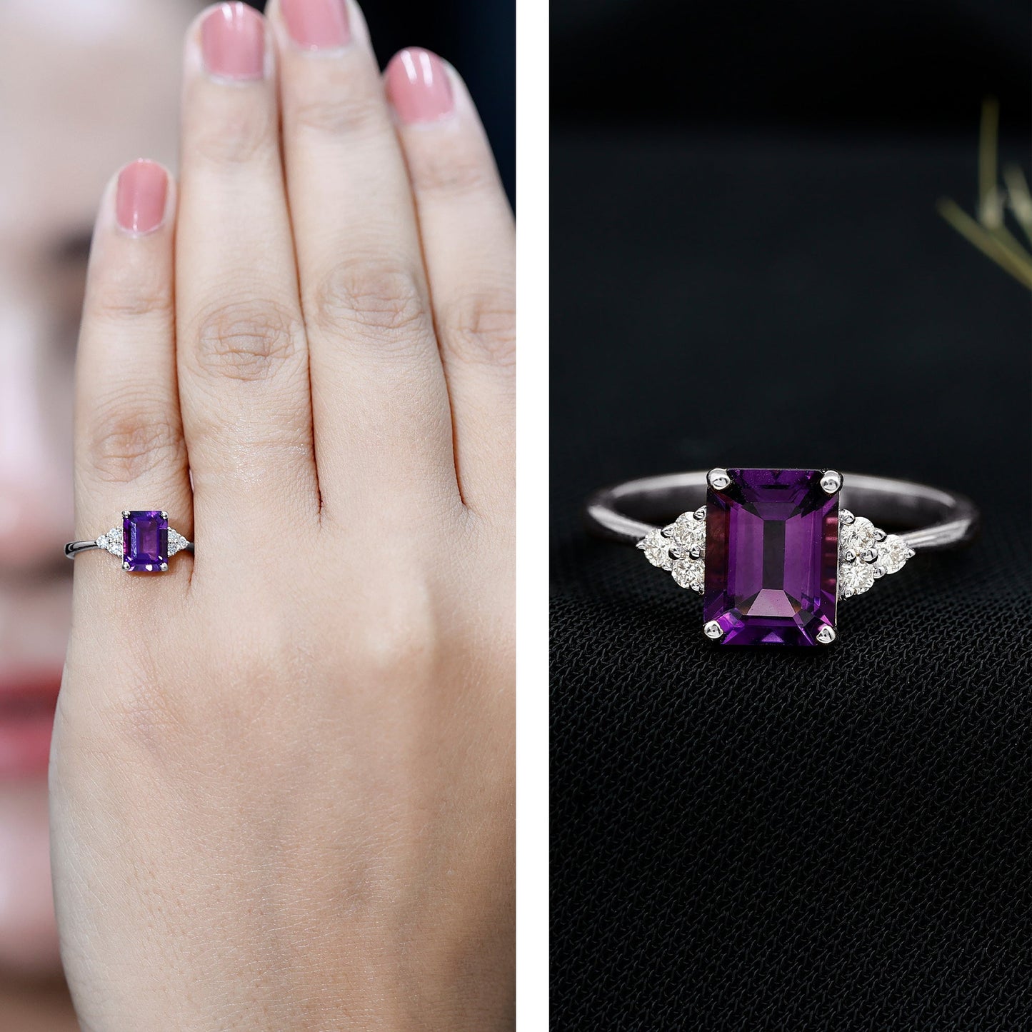Real 1.4 Carat Amethyst Emerald Cut Engagement Ring with Diamond Trio