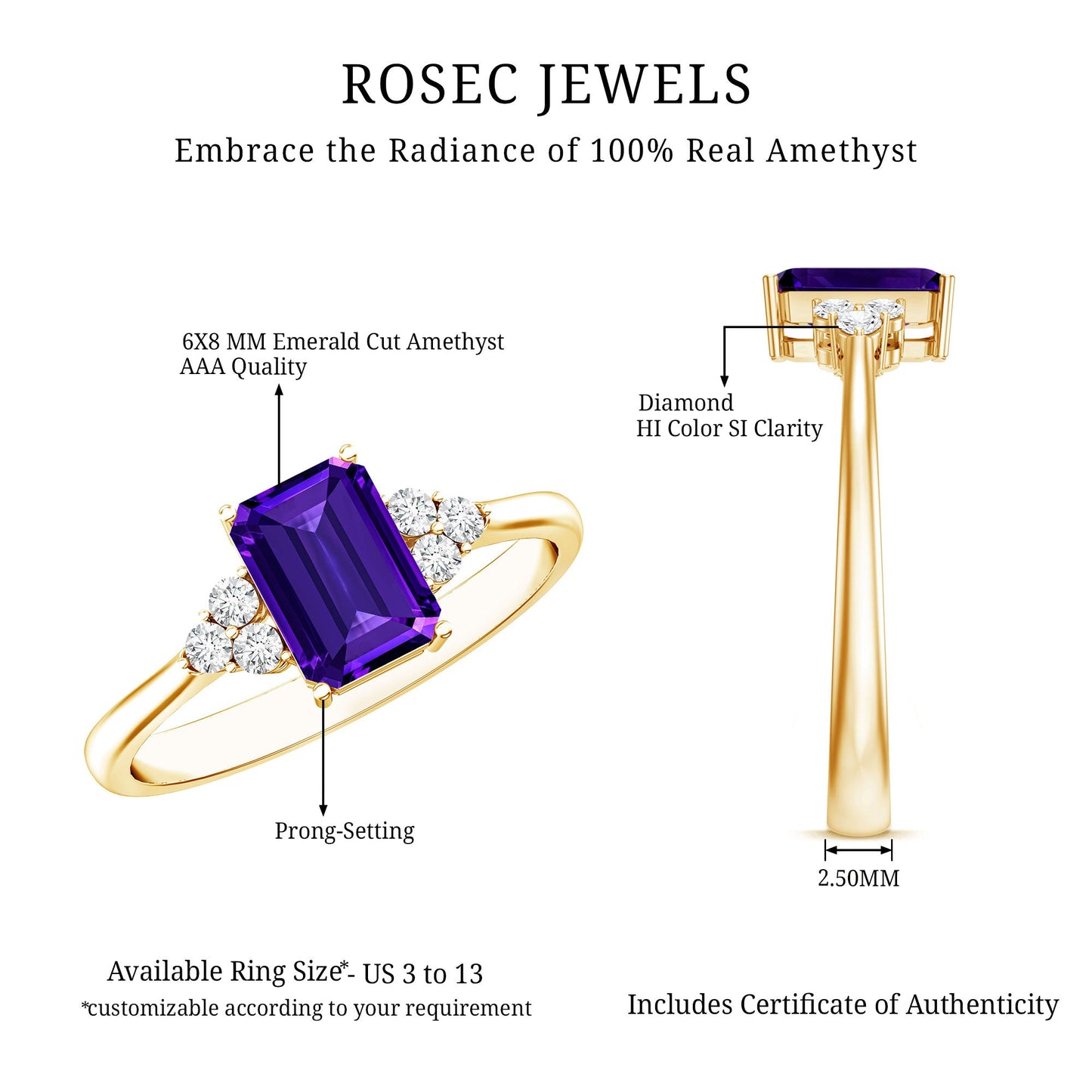 Real 1.4 Carat Amethyst Emerald Cut Engagement Ring with Diamond Trio