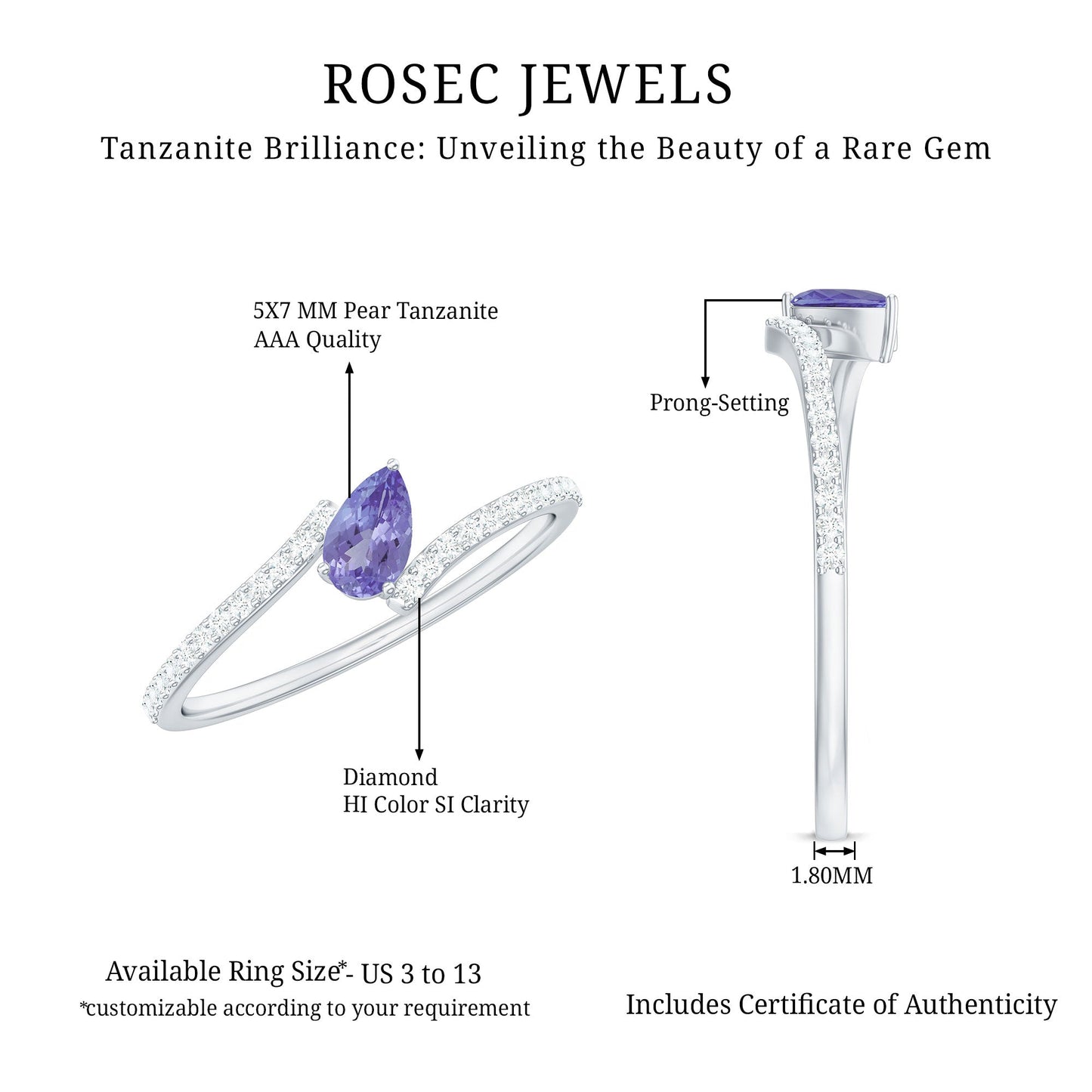Natural Pear Shape Tanzanite Diamond Promise Ring for Engagement