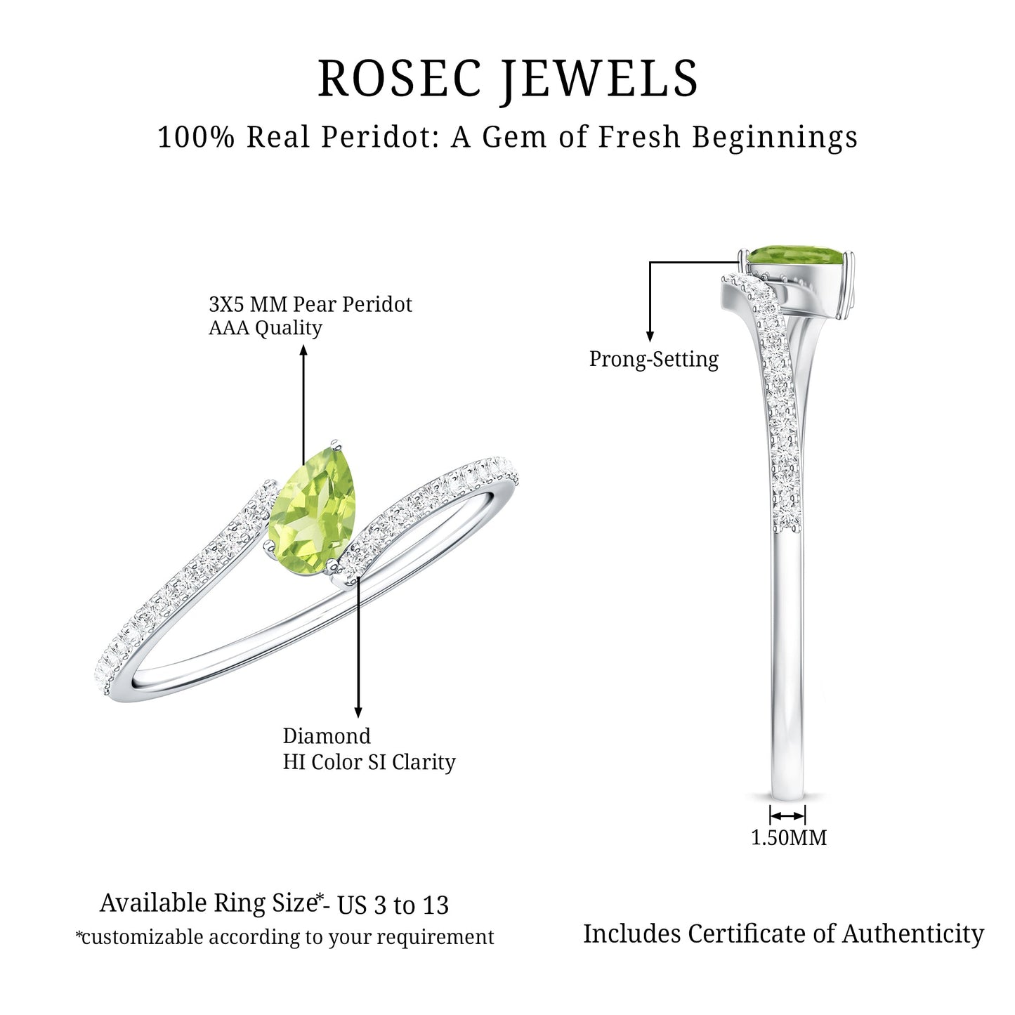 Natural Pear Shape Peridot Promise Ring with Bypass Diamond