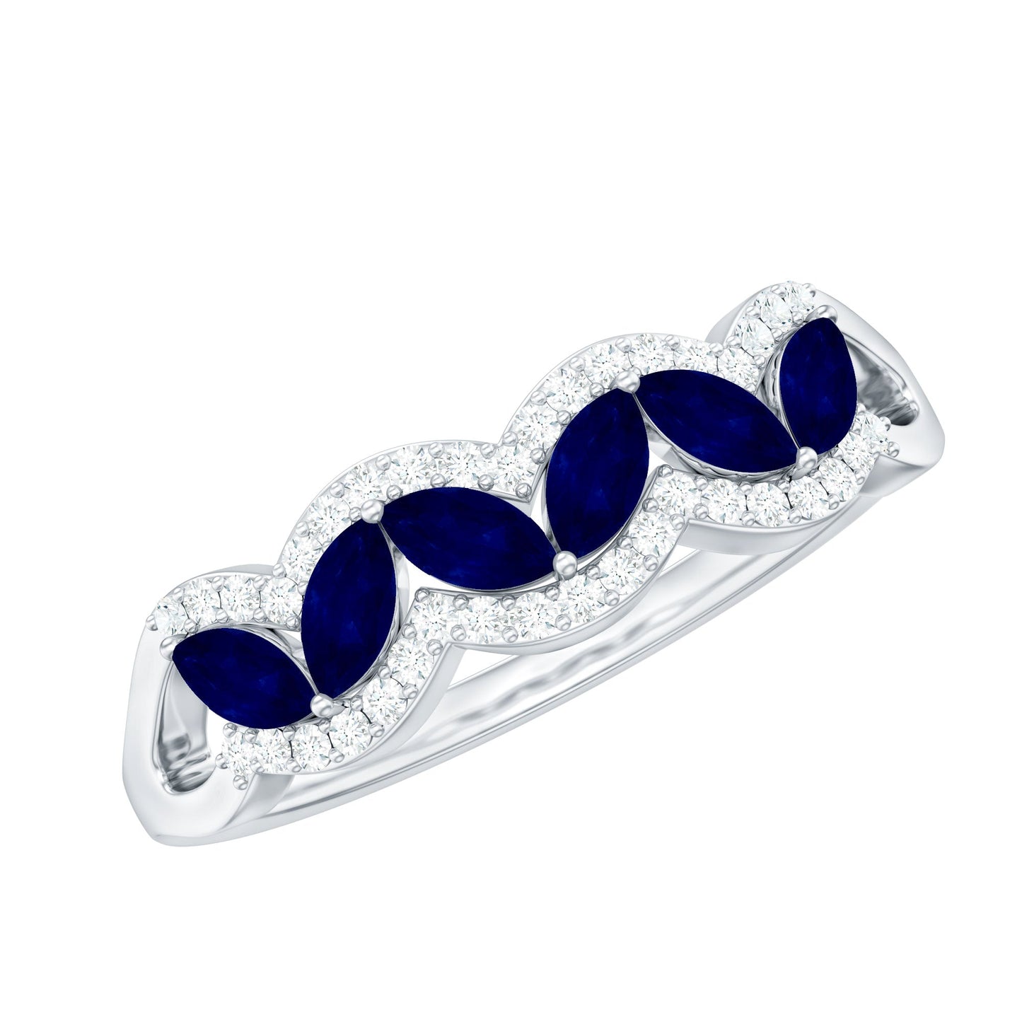 Certified Marquise Cut Blue Sapphire and Diamond Wedding Anniversary Band Ring