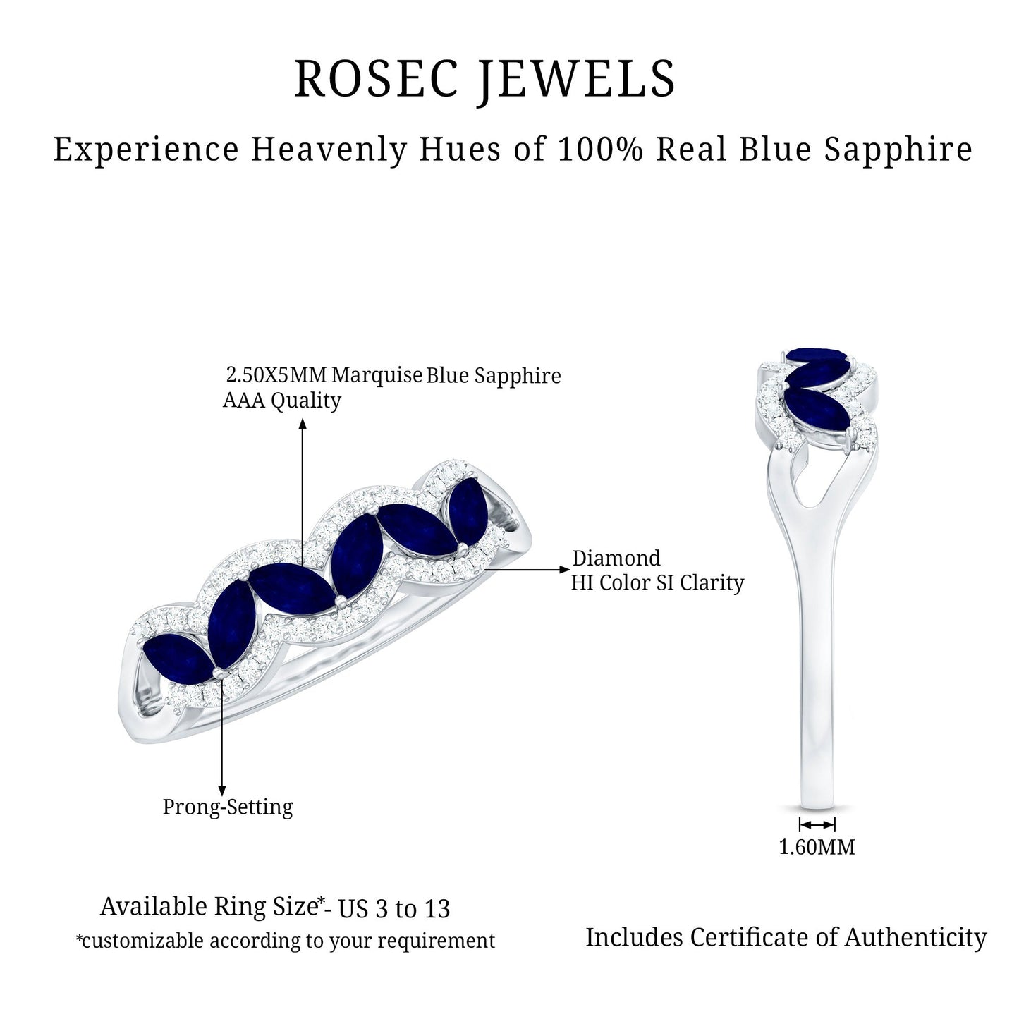 Certified Marquise Cut Blue Sapphire and Diamond Wedding Anniversary Band Ring