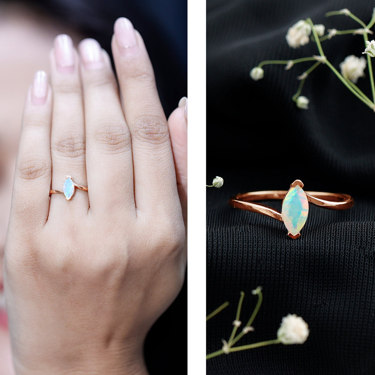 Natural Marquise Ethiopian Rainbow Opal Promise Ring with Bypass Shank