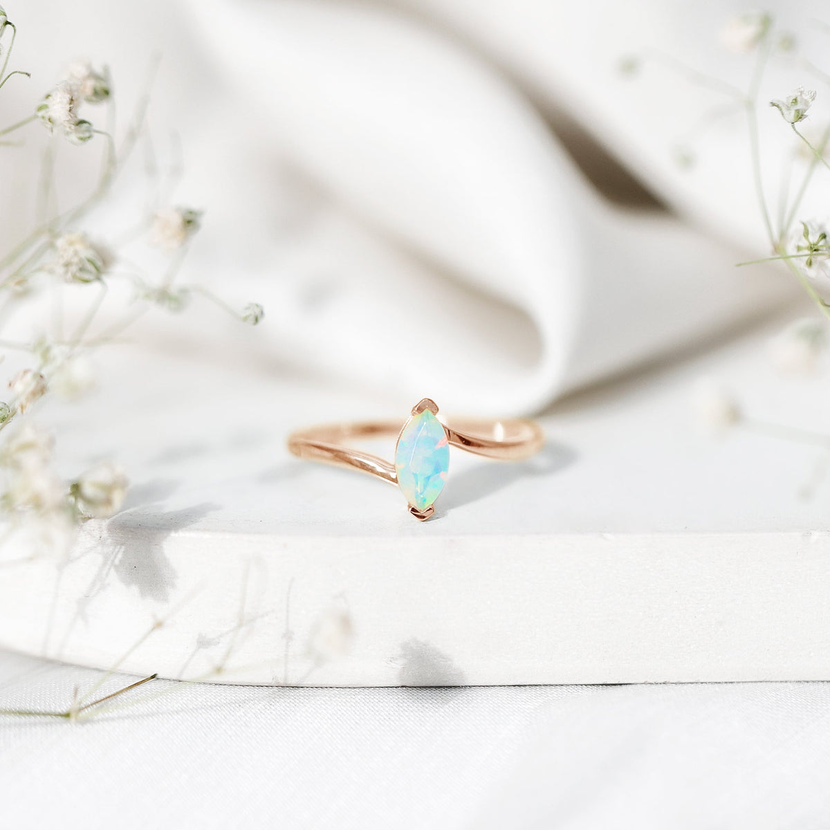 Natural Marquise Ethiopian Rainbow Opal Promise Ring with Bypass Shank