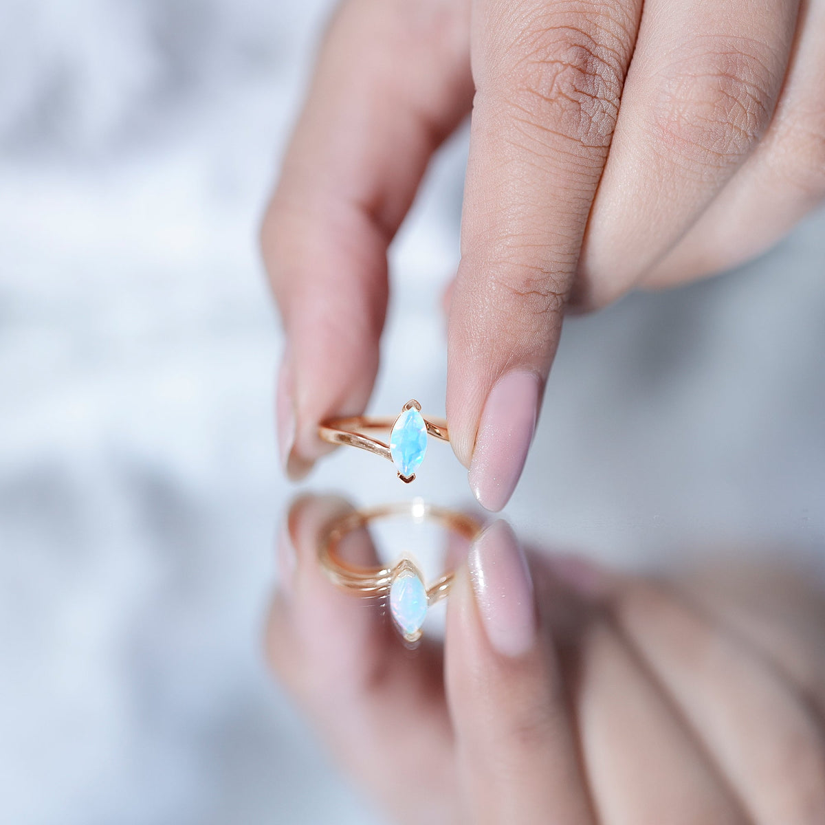 Natural Marquise Ethiopian Rainbow Opal Promise Ring with Bypass Shank