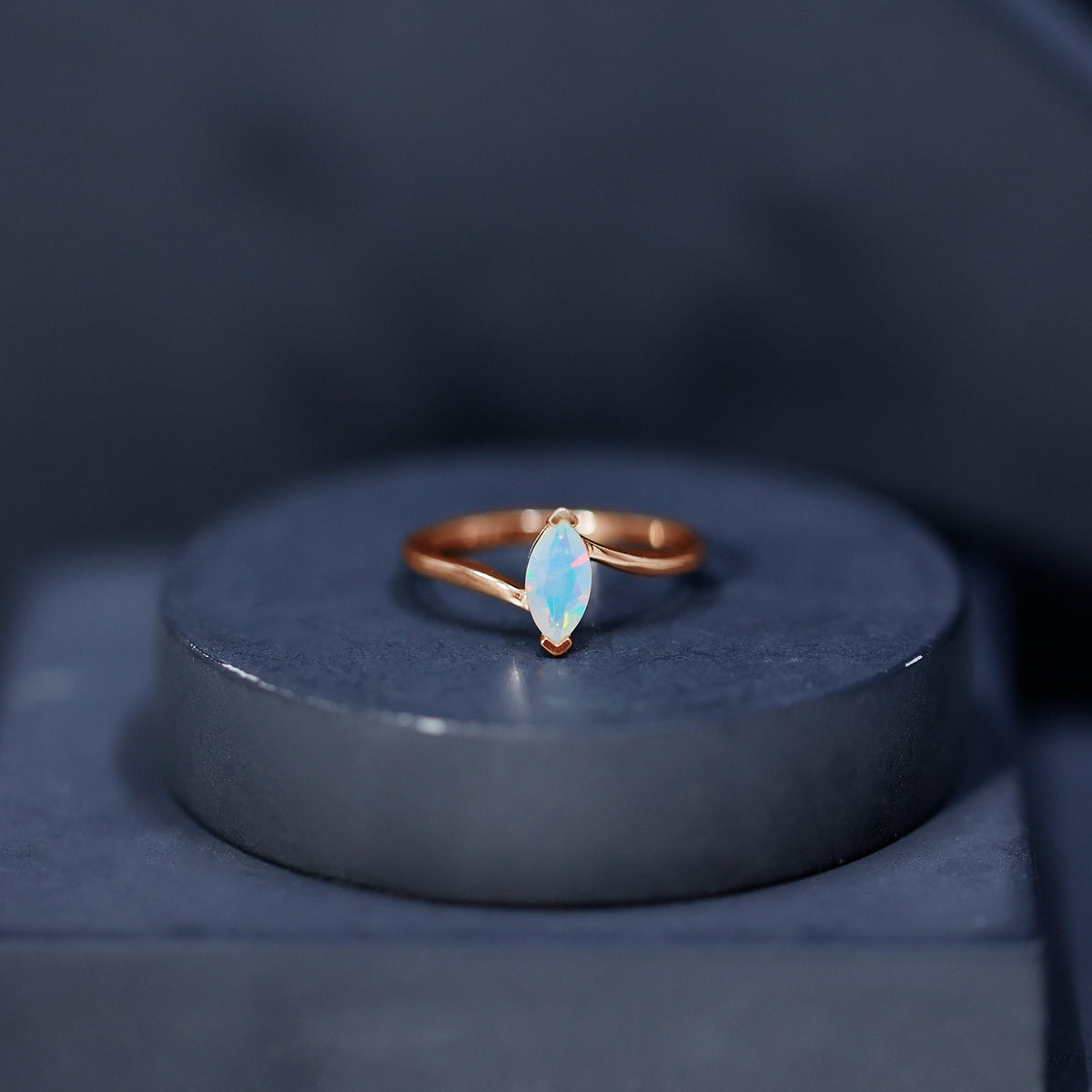 Natural Marquise Ethiopian Rainbow Opal Promise Ring with Bypass Shank