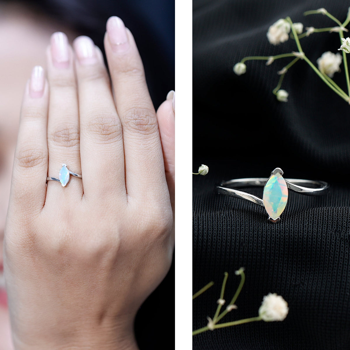 Natural Marquise Ethiopian Rainbow Opal Promise Ring with Bypass Shank