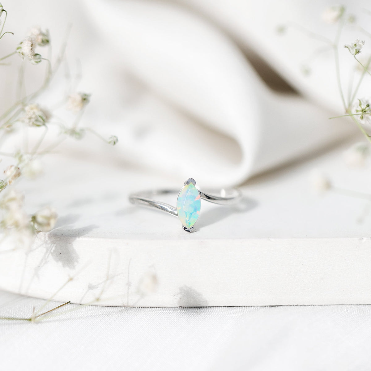 Natural Marquise Ethiopian Rainbow Opal Promise Ring with Bypass Shank