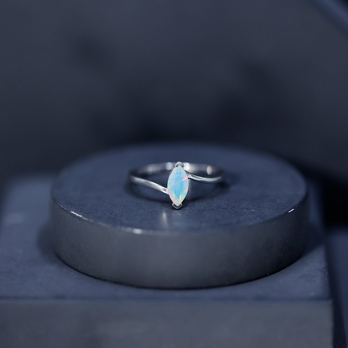 Natural Marquise Ethiopian Rainbow Opal Promise Ring with Bypass Shank